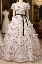 Beautiful Flowers Ball Gown Long Party Dress, Short Sleeves Semi Formal Prom Dress